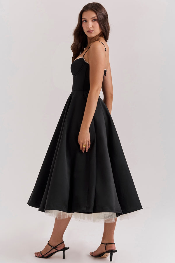 Solenne Sweetheart Midi Dress | A-Line Silhouette | Spaghetti Straps