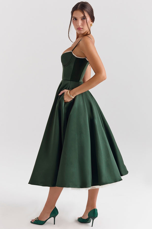 Solenne Sweetheart Midi Dress | A-Line Silhouette | Spaghetti Straps