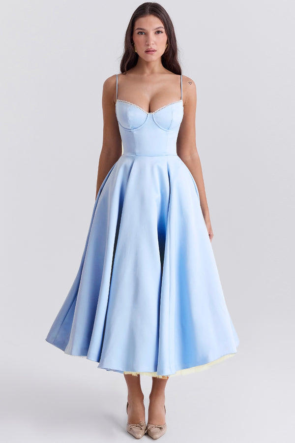 Solenne Sweetheart Midi Dress | A-Line Silhouette | Spaghetti Straps