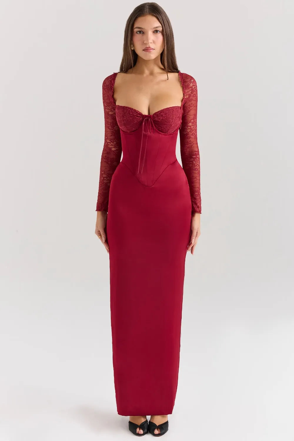 Nocten Satin Lace Maxi Dress | Corset Bodice, Sheer Sleeves, Back Split