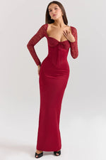 Load image into Gallery viewer, Nocten Satin Lace Maxi Dress | Corset Bodice, Sheer Sleeves, Back Split