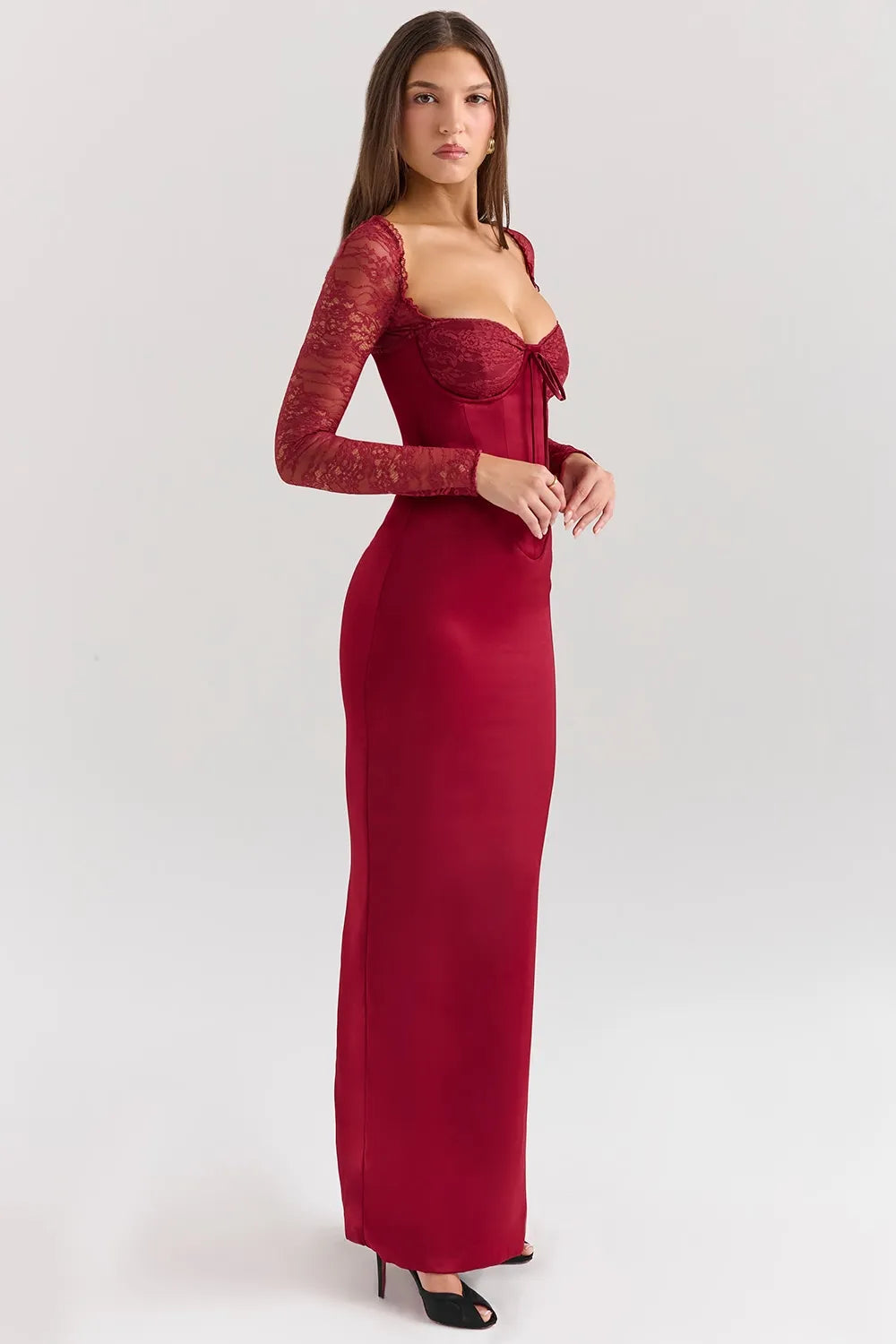 Nocten Satin Lace Maxi Dress | Corset Bodice, Sheer Sleeves, Back Split