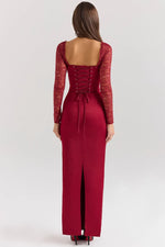 Load image into Gallery viewer, Nocten Satin Lace Maxi Dress | Corset Bodice, Sheer Sleeves, Back Split