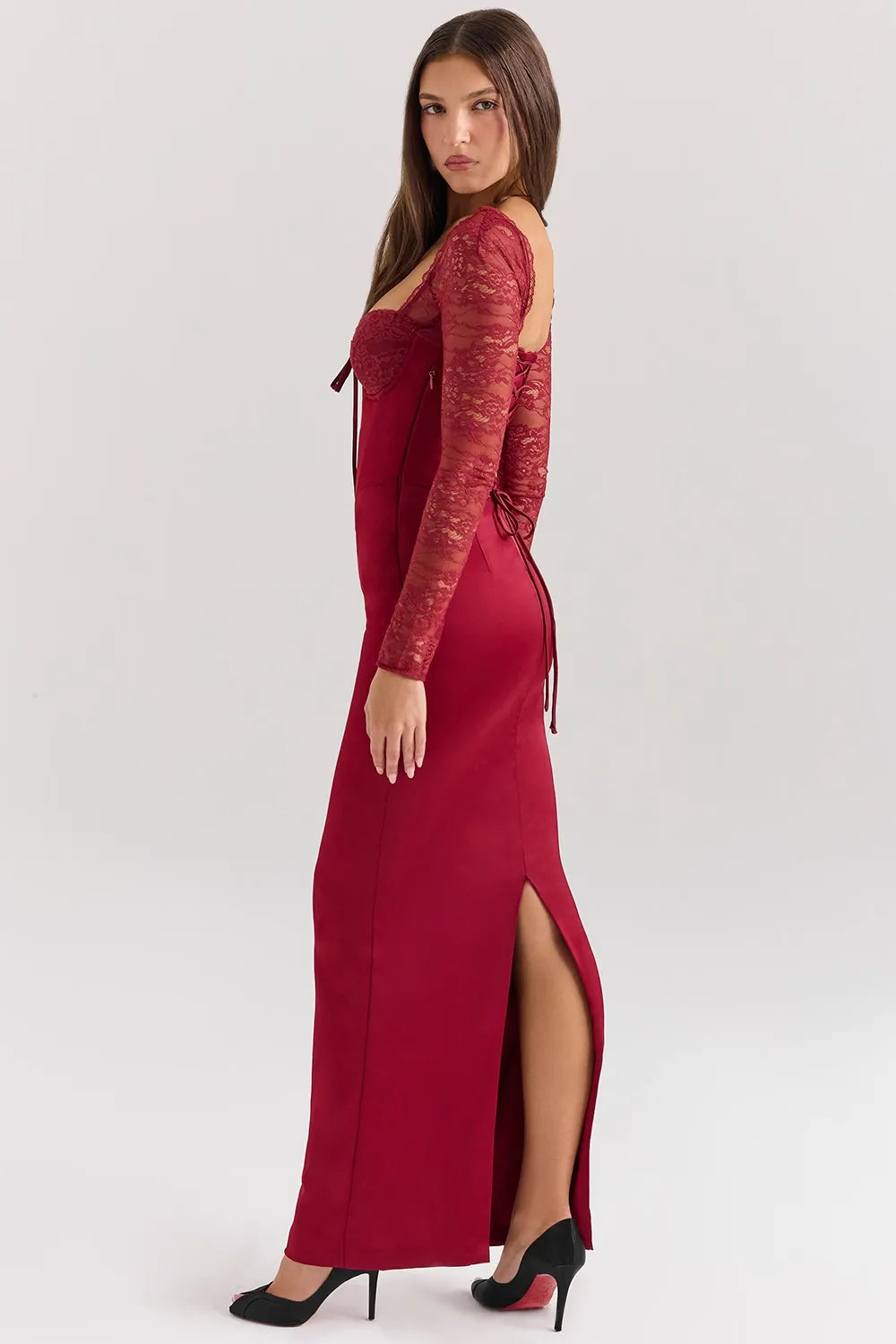 Nocten Satin Lace Maxi Dress | Corset Bodice, Sheer Sleeves, Back Split