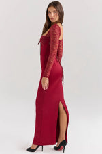 Load image into Gallery viewer, Nocten Satin Lace Maxi Dress | Corset Bodice, Sheer Sleeves, Back Split