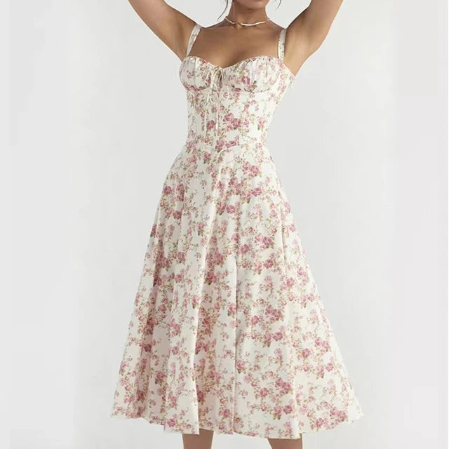 Solenne Floral Corset Midi Dress | Sweetheart Neckline, Slit Skirt, Spaghetti Straps