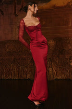Load image into Gallery viewer, Nocten Satin Lace Maxi Dress | Corset Bodice, Sheer Sleeves, Back Split