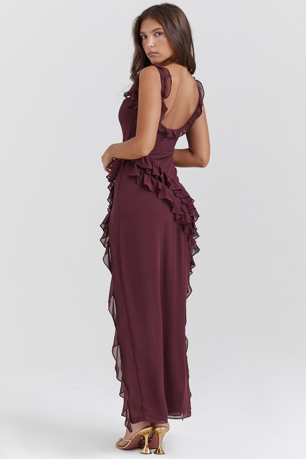 Halo Ruffle Split Maxi Dress | Square Neckline, Sleeveless, Draped Hem