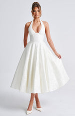 Load image into Gallery viewer, Halter Neck Satin Midi Dress | A-Line Silhouette
