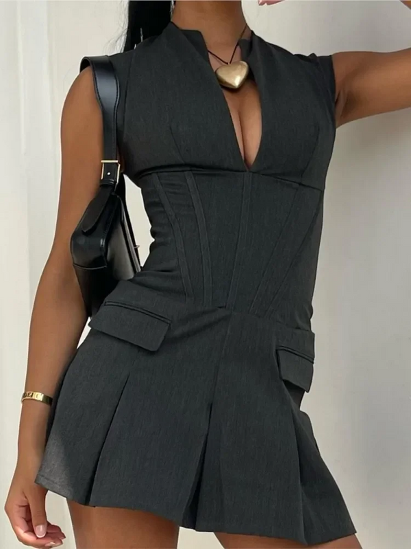 Nocten Structured Mini Dress | Corset Bodice | Pleated Skirt | V-Neck