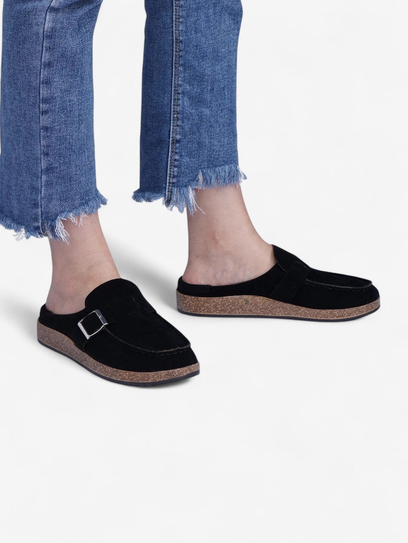 Jada Slip-On Mules | Faux Suede Clogs with Buckle Detail