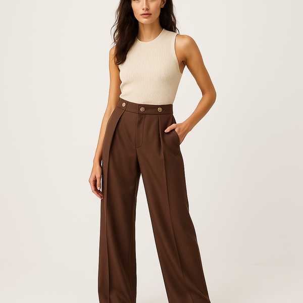 High-Waist Wide-Leg Trousers | Gold Button Detail | Modern Tailored Silhouette