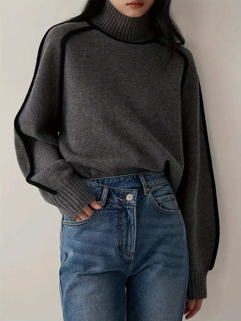Wool Blend Turtleneck Sweater | Contrast Trim | Relaxed Fit