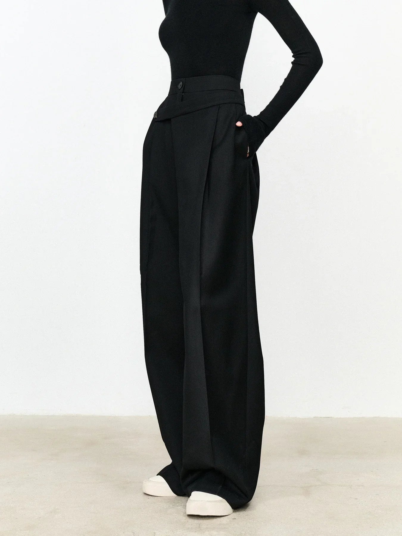 Asymmetric Layer Straight Leg Dress Trousers | Modern Button Detail