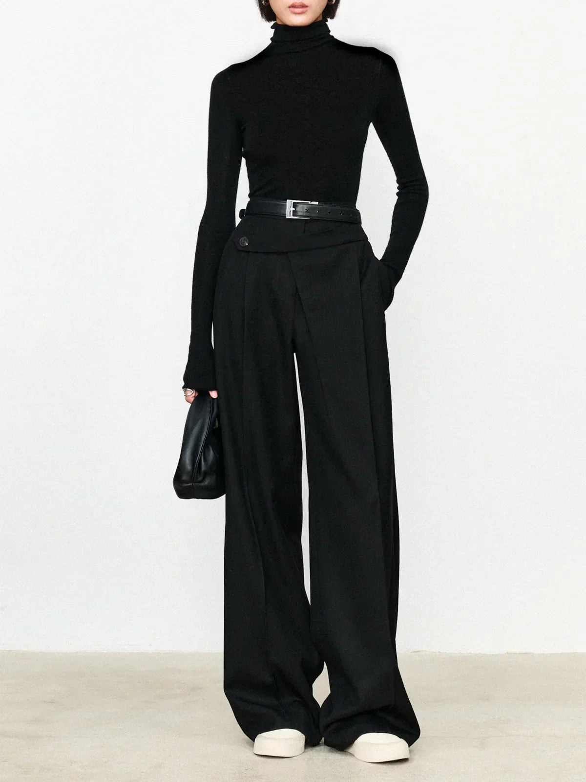 Asymmetric Layer Straight Leg Dress Trousers | Modern Button Detail