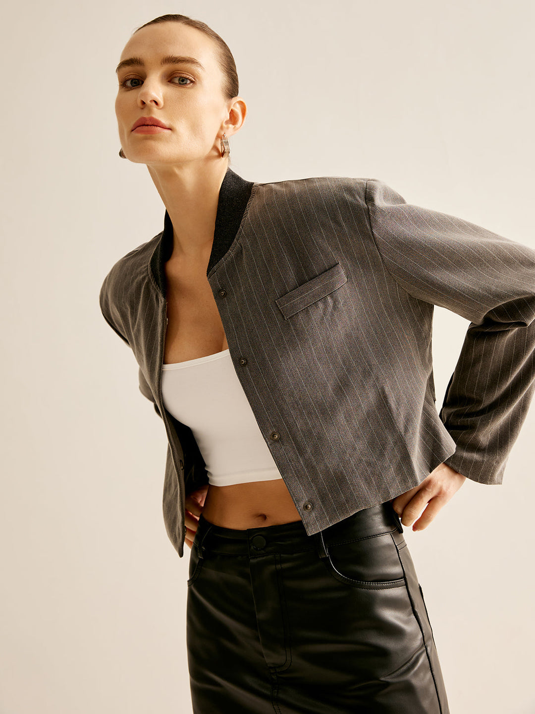Core Line Cropped Pinstripe Jacket | Stand Collar | Contemporary Fit