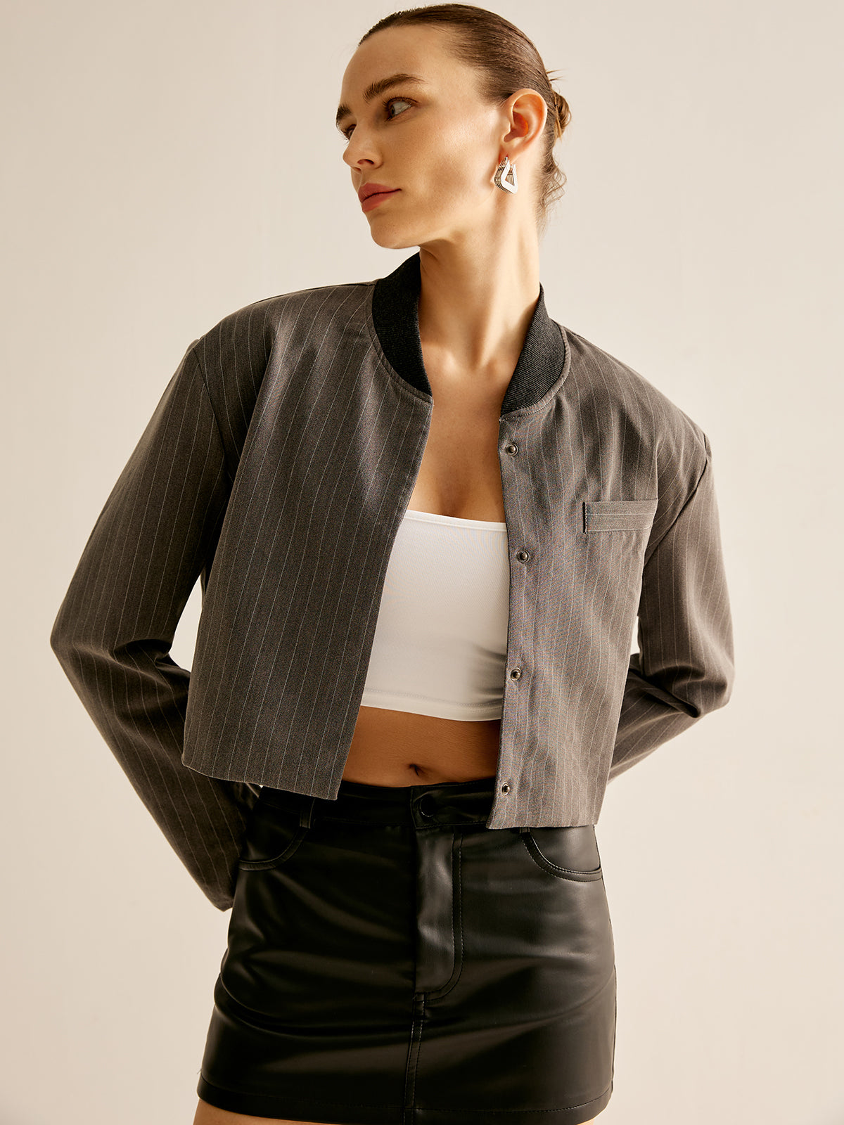 Core Line Cropped Pinstripe Jacket | Stand Collar | Contemporary Fit