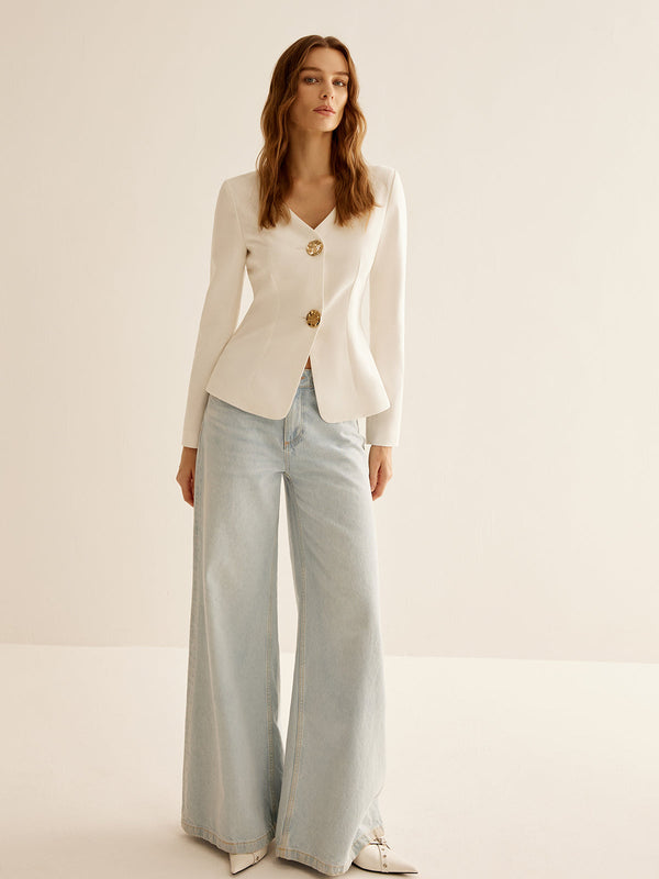 V-Neck Fitted Blazer | Gold Button Detail | Sculpted Silhouette