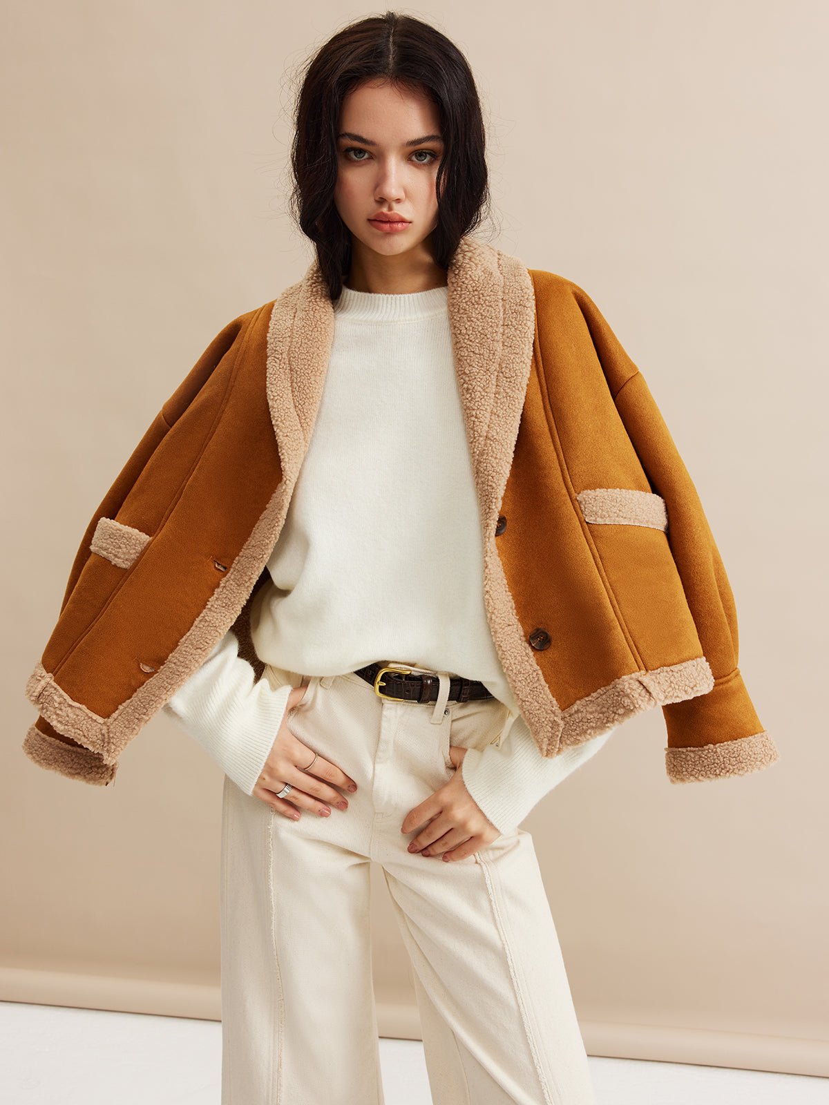 Core Line Camel Contrast Jacket | Fold Collar | Soft Textured Finish