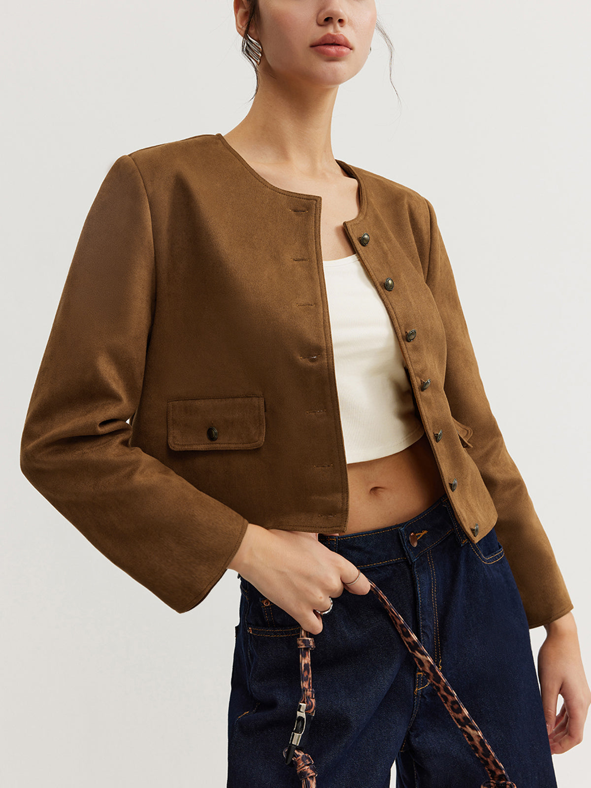 Core Line Cropped Button Jacket | Minimalist Silhouette | Round Neck