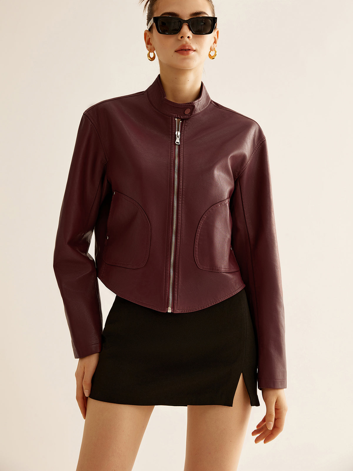 Cropped Faux Leather Jacket | Stand Collar | Minimalist Design