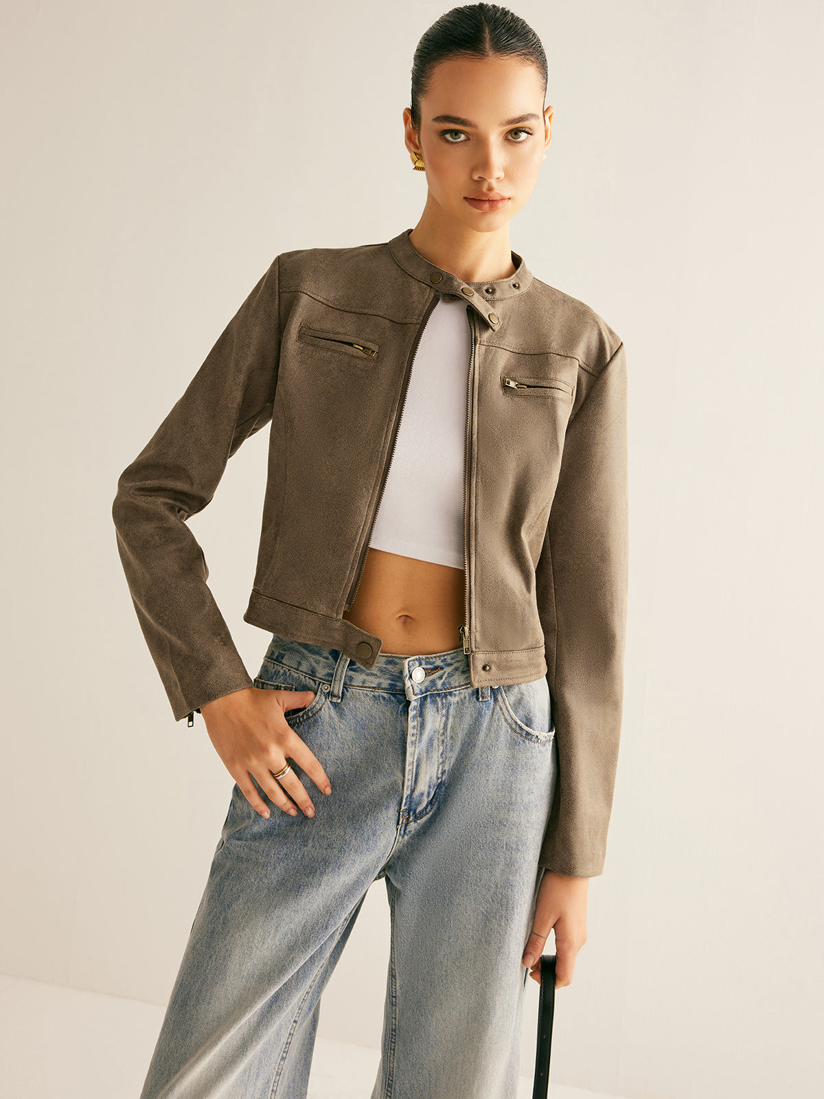 Cropped Suede-Effect Jacket | Minimalist Moto Style