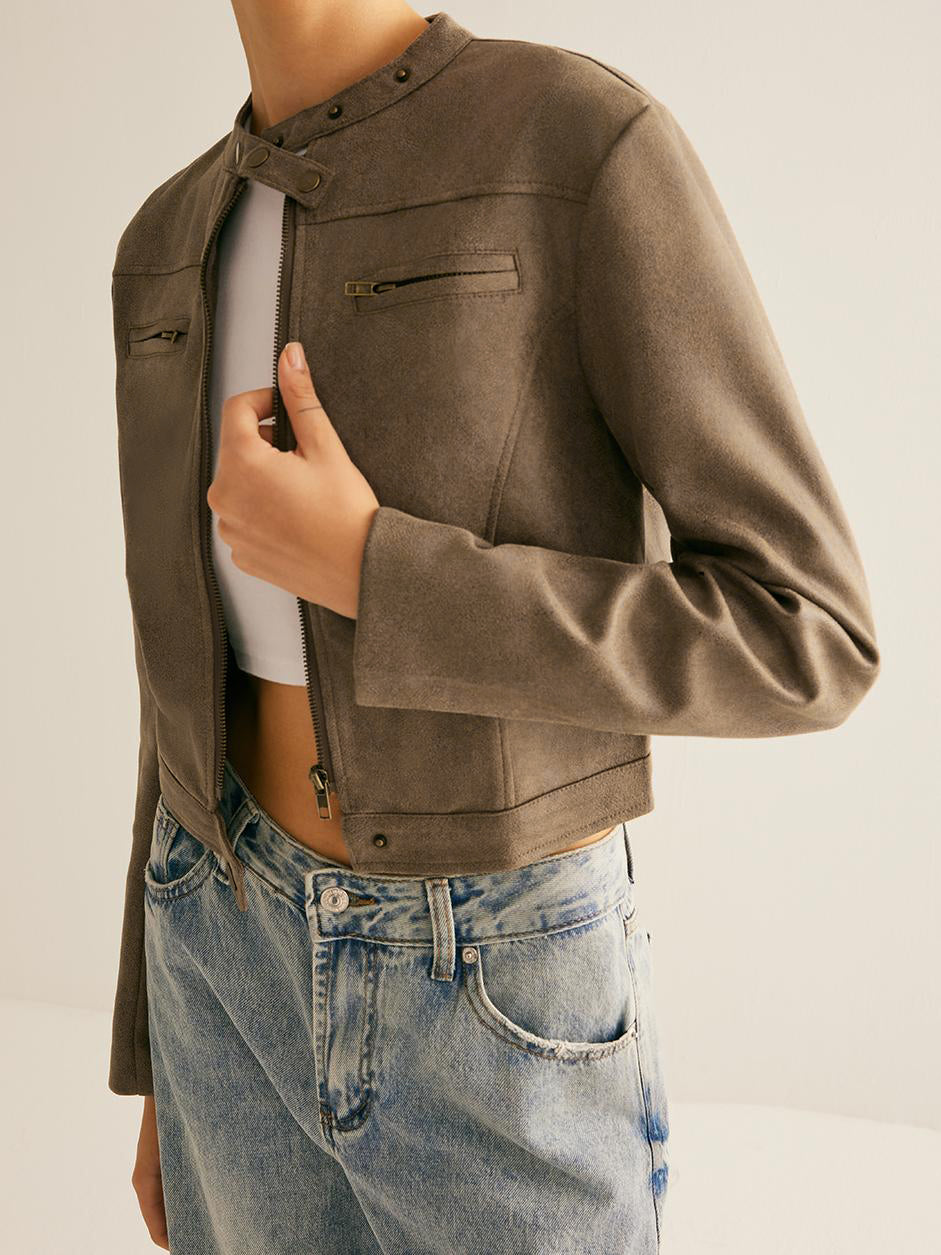 Cropped Suede-Effect Jacket | Minimalist Moto Style