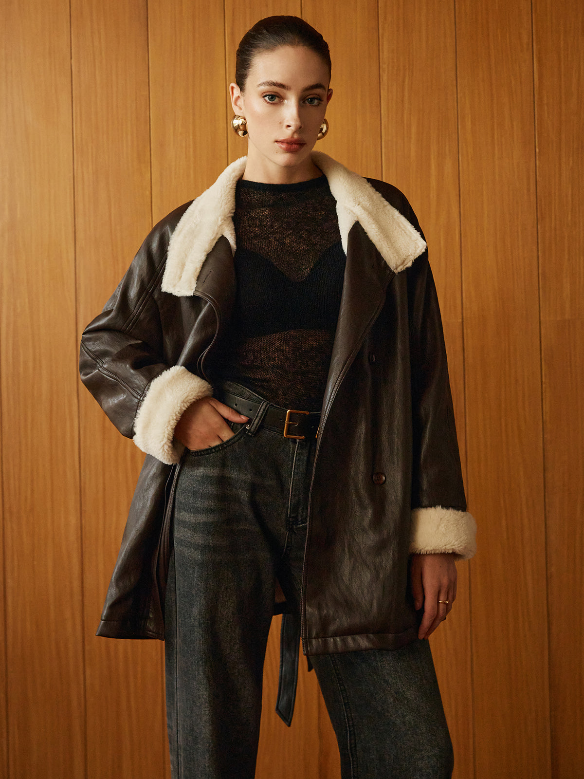 Forma Faux Leather Aviator Coat | Shearling Lining | Belted Waist