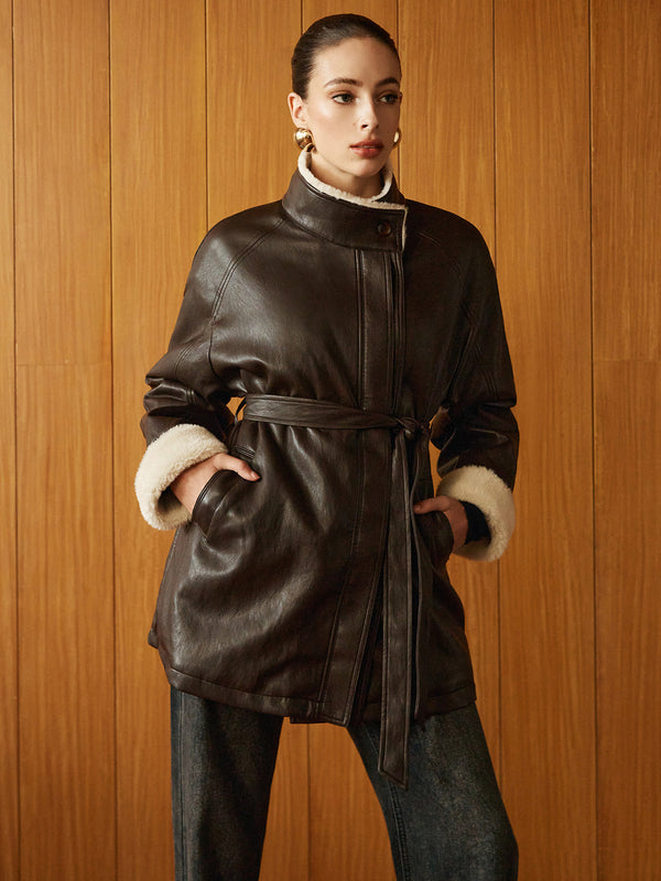 Forma Faux Leather Aviator Coat | Shearling Lining | Belted Waist