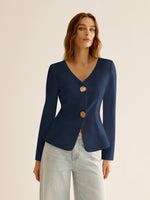 Load image into Gallery viewer, V-Neck Fitted Blazer | Gold Button Detail | Sculpted Silhouette
