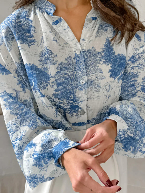 Printed Long-Sleeve Shirt | Stand Collar | Relaxed Fit