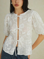 Load image into Gallery viewer, Embroidered Tie-Front Blouse | Puff Sleeve | Sheer Floral
