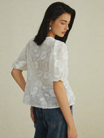 Load image into Gallery viewer, Embroidered Tie-Front Blouse | Puff Sleeve | Sheer Floral
