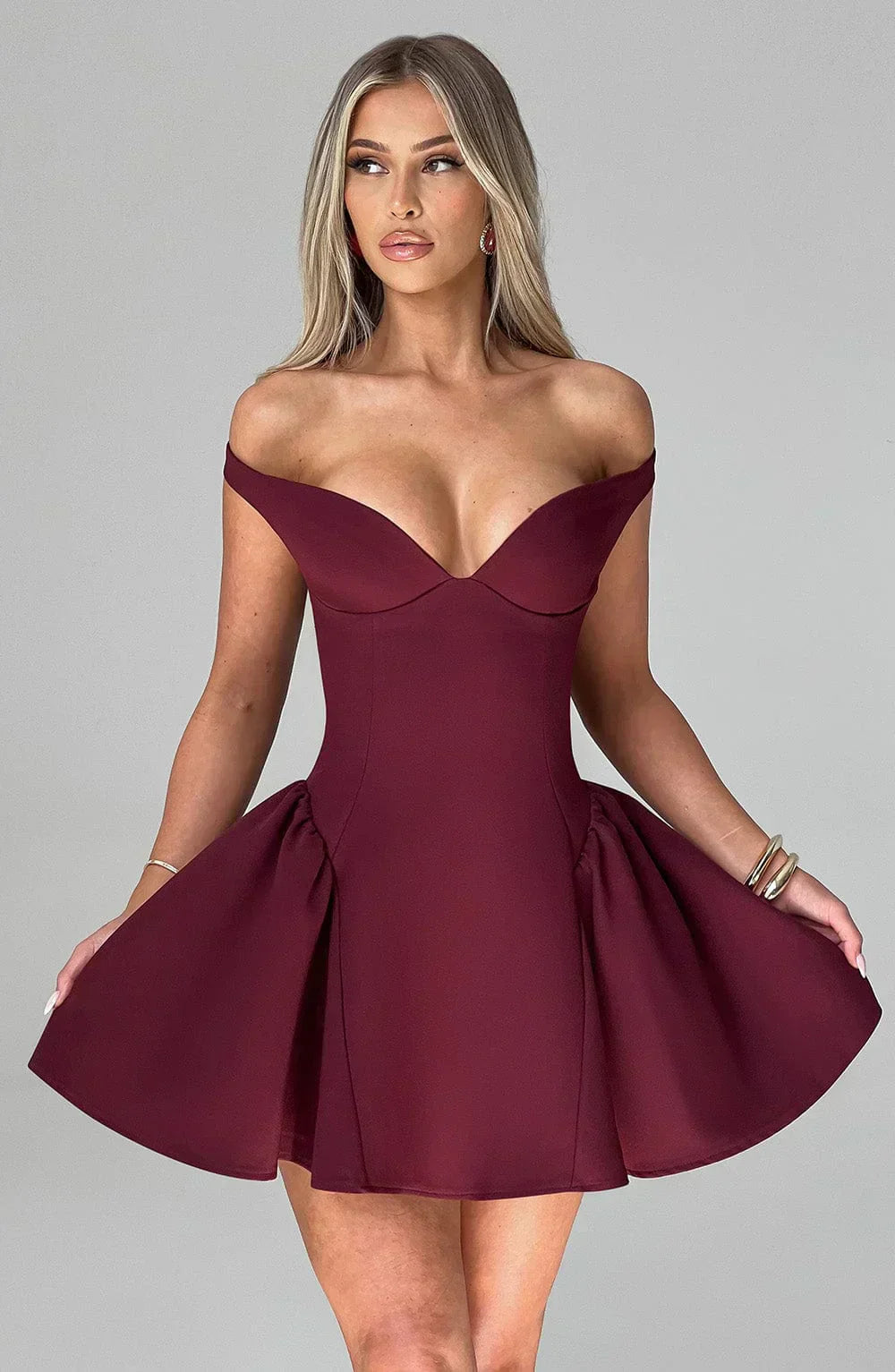 Iris Off-Shoulder Mini Dress | Sweetheart Neckline | Flared Skirt