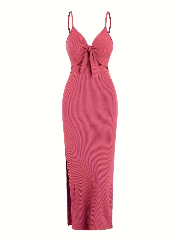 Maribel Tie Front Maxi Dress | Ribbed Slim Fit | Cutout Detail