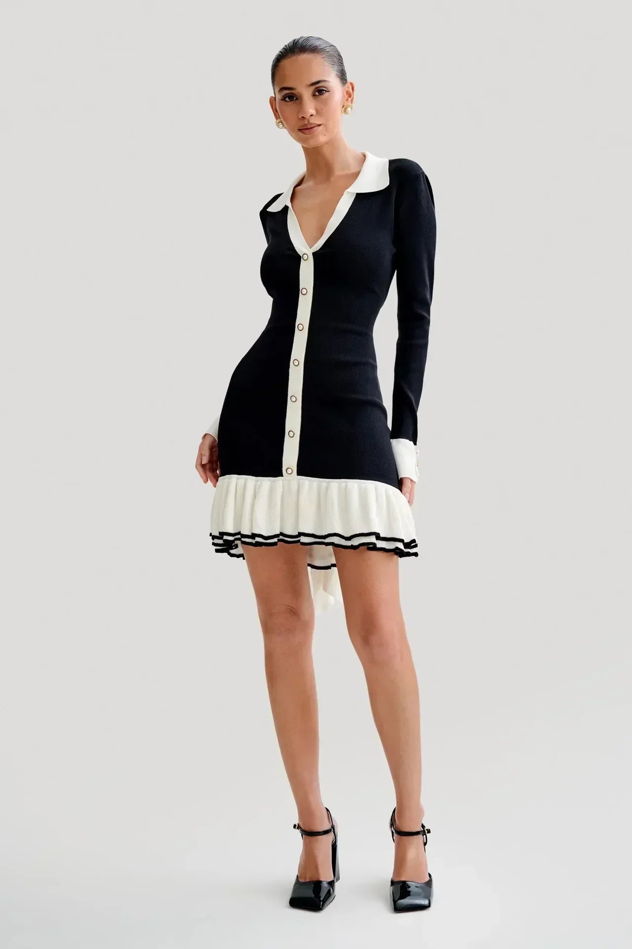 Contrast Knit Mini Dress | Slim Fit | Button Front | Ruffle Hem