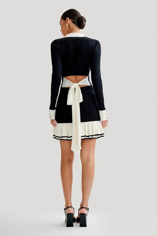 Contrast Knit Mini Dress | Slim Fit | Button Front | Ruffle Hem