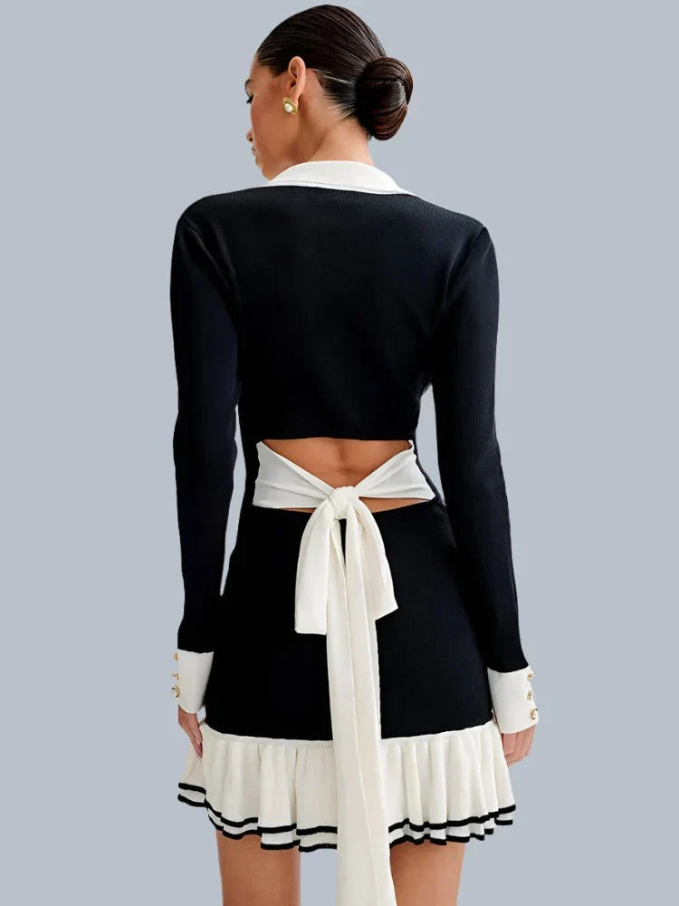 Contrast Knit Mini Dress | Slim Fit | Button Front | Ruffle Hem