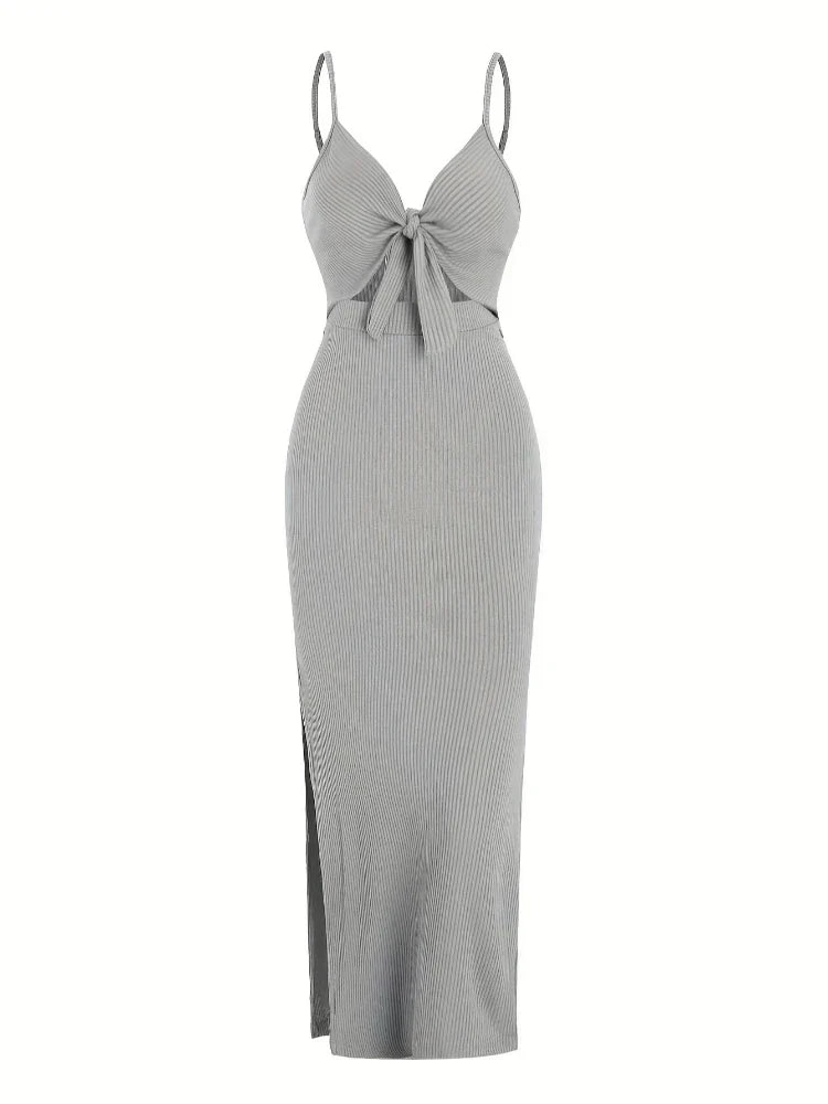 Maribel Tie Front Maxi Dress | Ribbed Slim Fit | Cutout Detail
