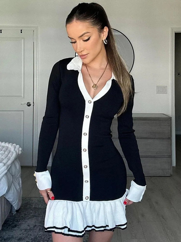 Contrast Knit Mini Dress | Slim Fit | Button Front | Ruffle Hem