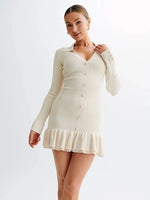 Load image into Gallery viewer, Contrast Knit Mini Dress | Slim Fit | Button Front | Ruffle Hem
