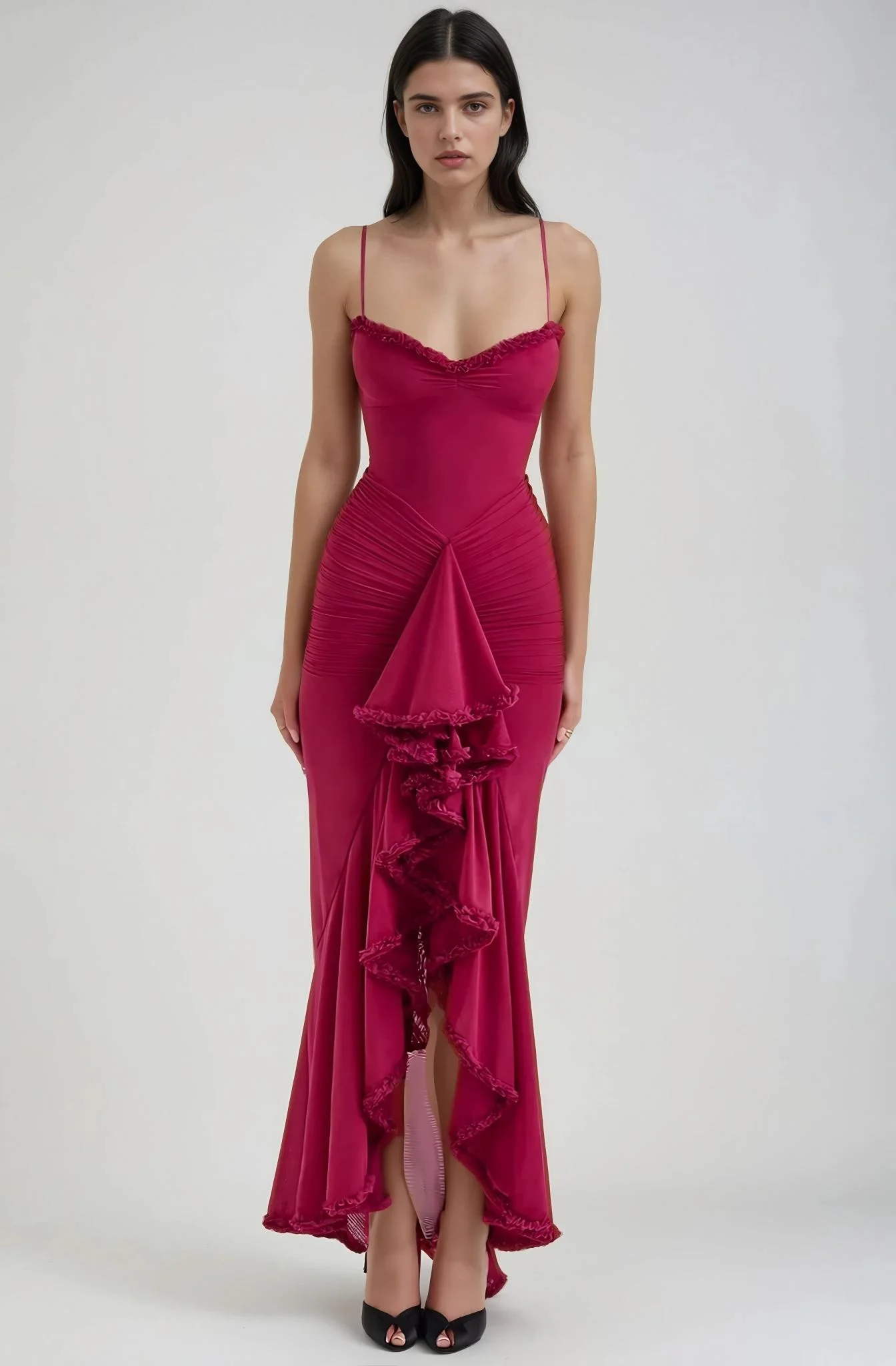 Halo Ruffle Satin Maxi Dress | Spaghetti Straps, Waterfall Front, Train Hem