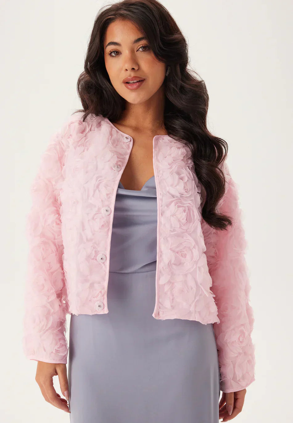 3D Floral Textured Jacket | Soft Pink | Short Feminine Cut