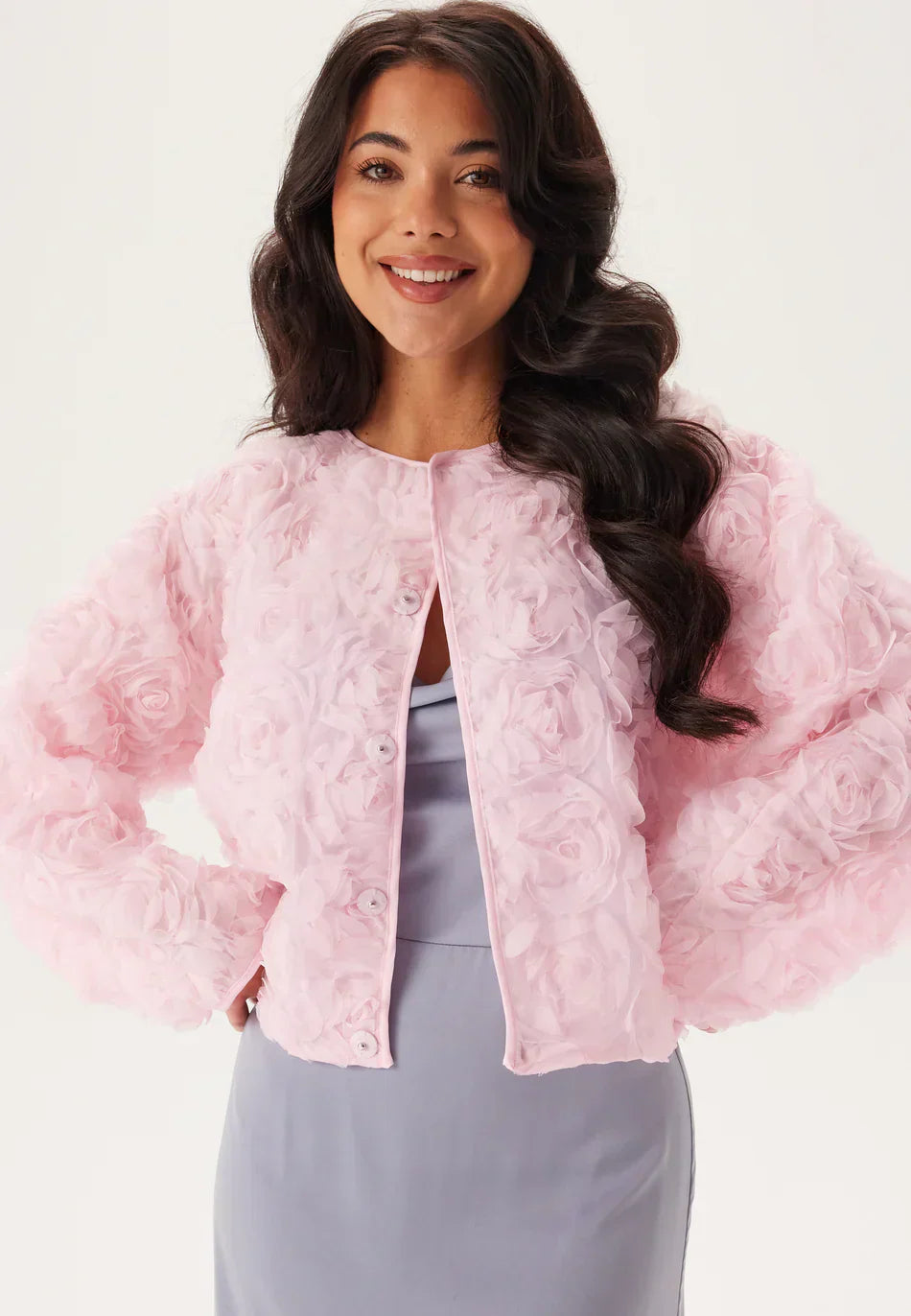 3D Floral Textured Jacket | Soft Pink | Short Feminine Cut